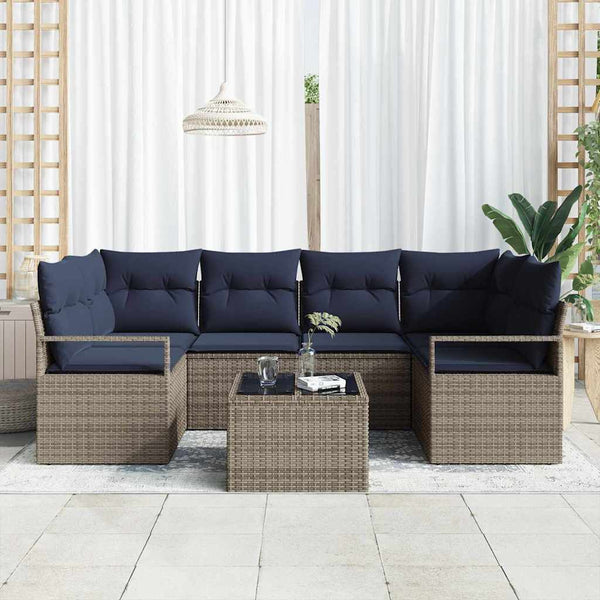 Garten Sofagarnitur Grau Blau Poly Rattan 7-teilig