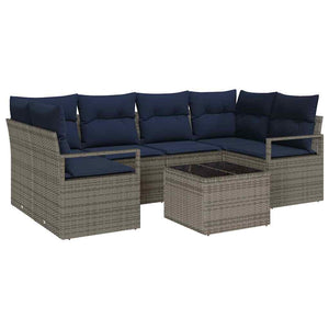 Garten Sofagarnitur Grau Blau Poly Rattan 7-teilig