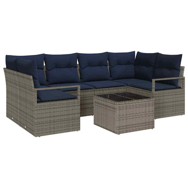 Garten Sofagarnitur Grau Blau Poly Rattan 7-teilig