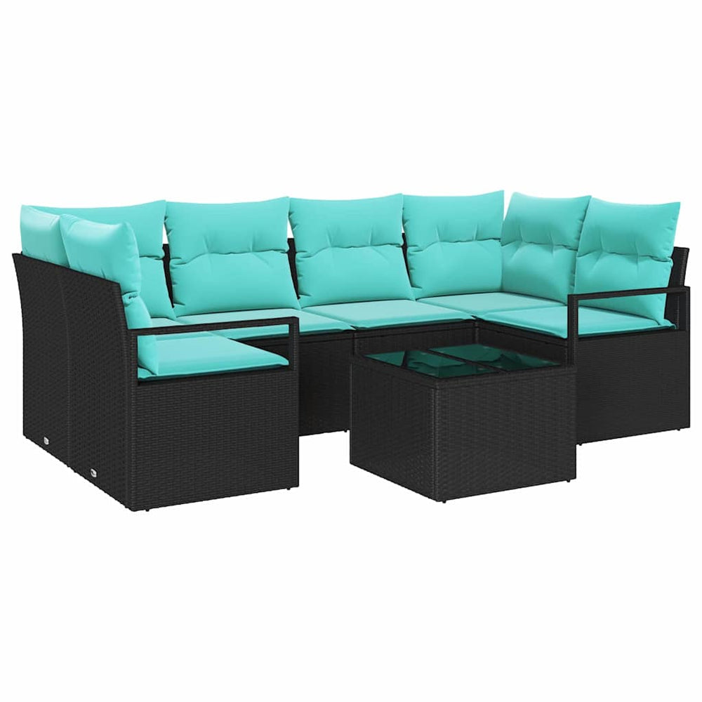 Poly-Rattan Sofa Set, 7-teilig, Schwarz/Blau