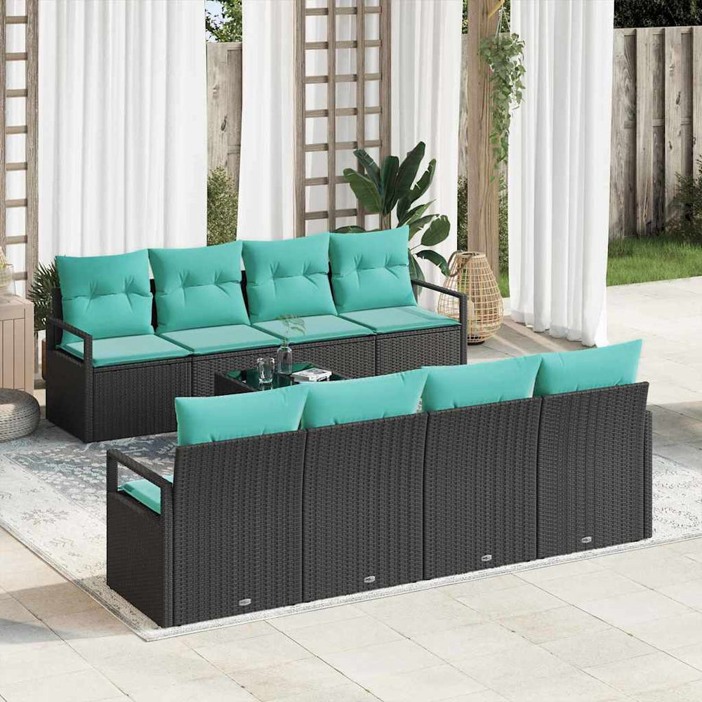 Schwarzes Gartensofa-Set mit hellblauen Kissen