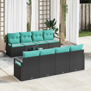 Schwarzes Gartensofa-Set mit hellblauen Kissen