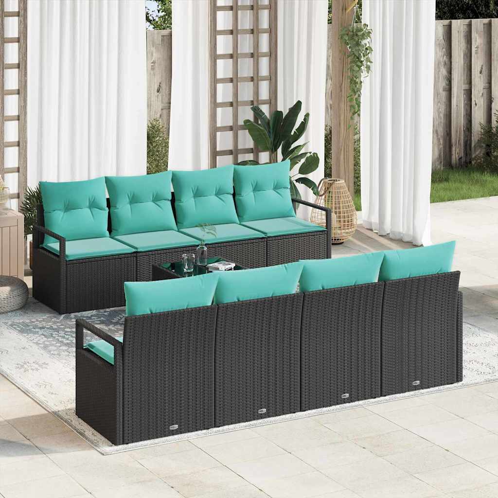 Schwarzes Gartensofa-Set mit hellblauen Kissen