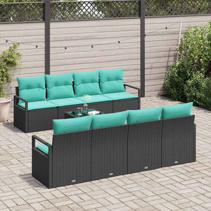 Schwarzes Gartensofa-Set mit hellblauen Kissen