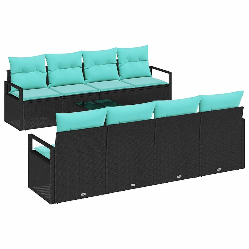 Schwarzes Gartensofa-Set mit hellblauen Kissen