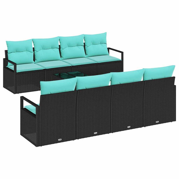 Schwarzes Gartensofa-Set mit hellblauen Kissen