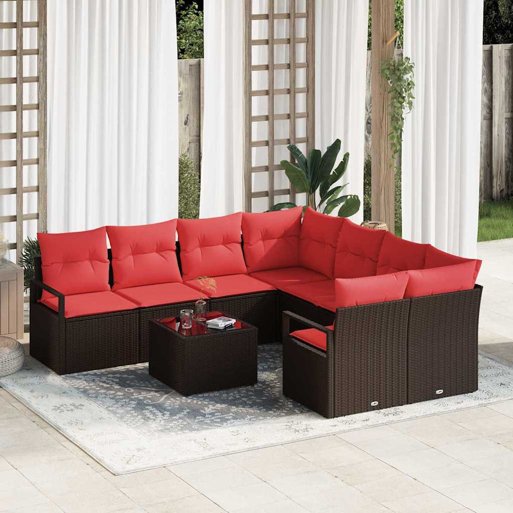 vidaXL Ensemble de canapés avec coussins 9 pcs Marron et Rouge Résine Tressée