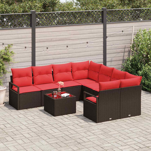 Poly Rattan Sofa Set Braun/Rot, 9-teilig