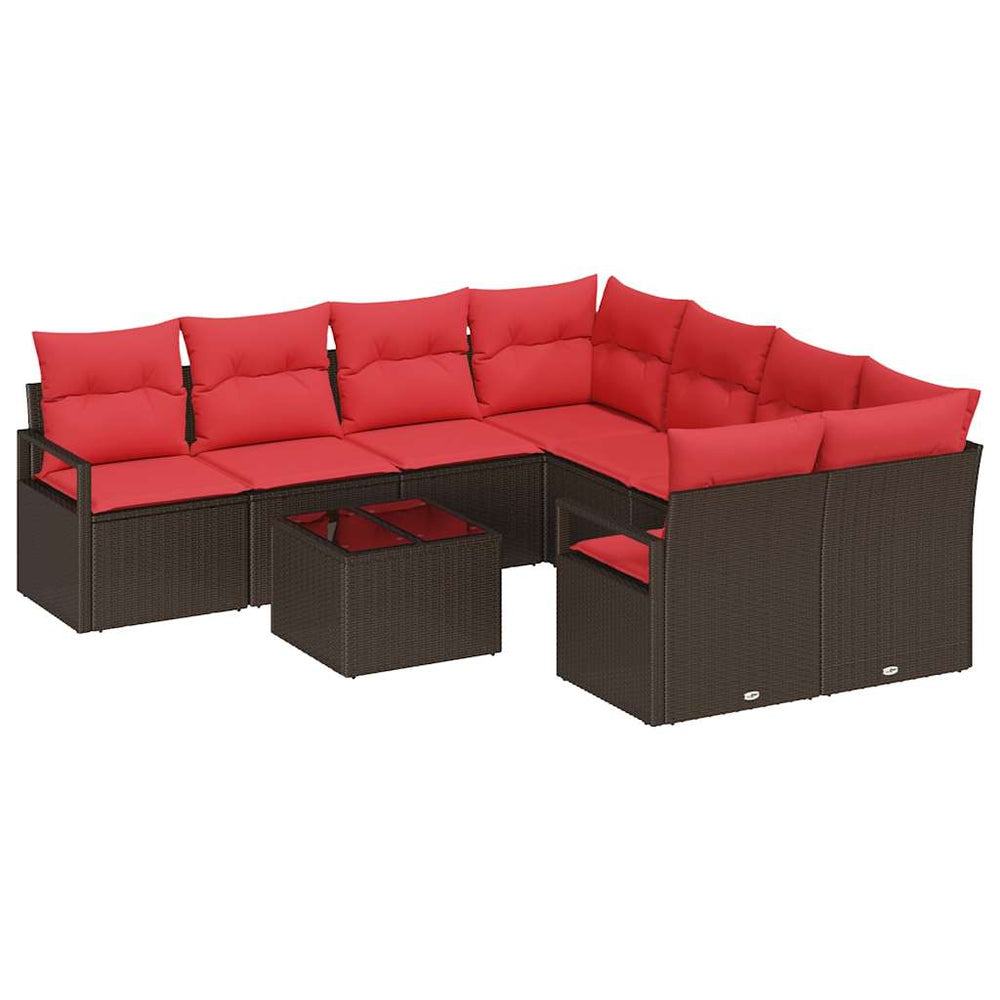 vidaXL Ensemble de canapés avec coussins 9 pcs Marron et Rouge Résine Tressée