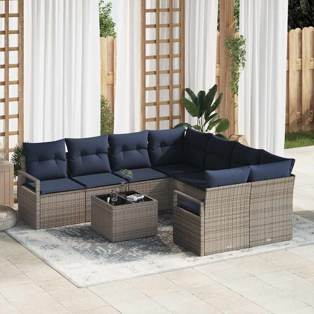 Poly Rattan Sofa Set Grau Marineblau 9-teilig