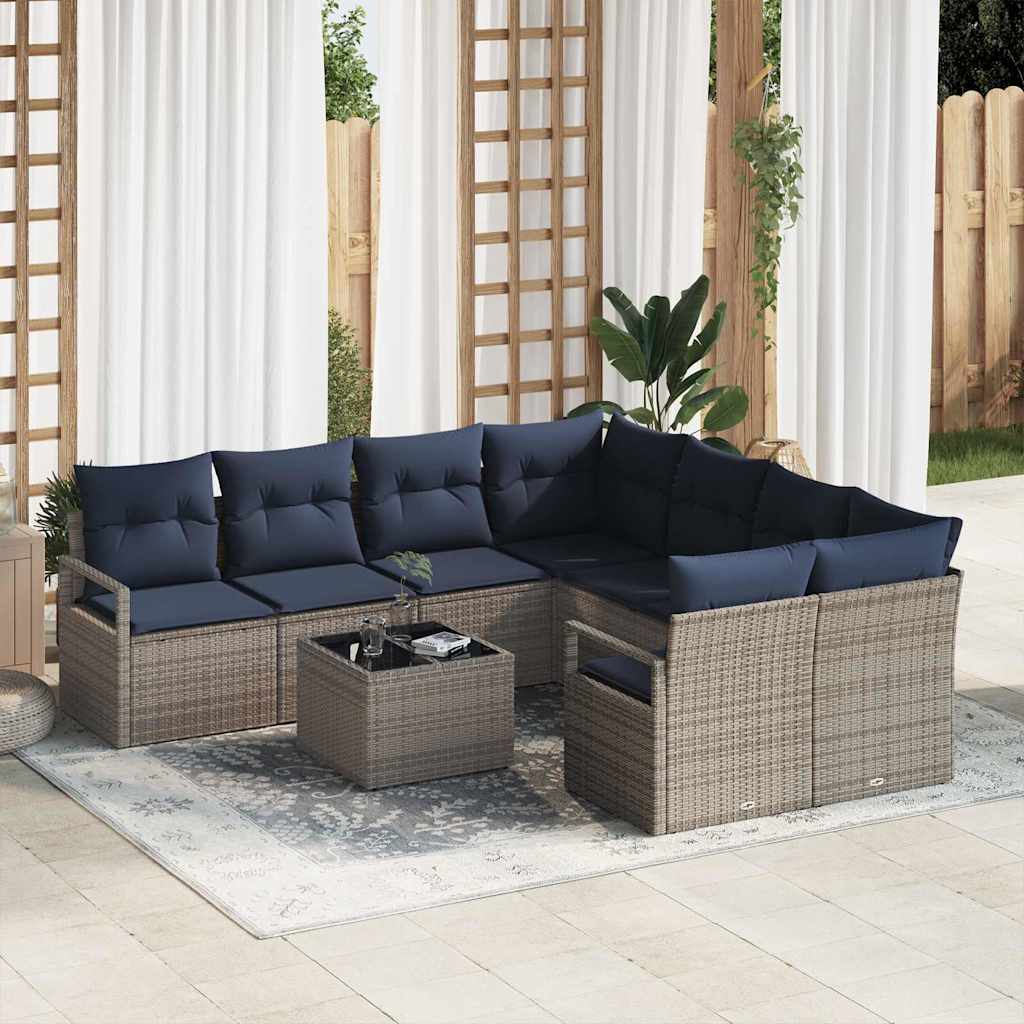 Poly Rattan Sofa Set Grau Marineblau 9-teilig