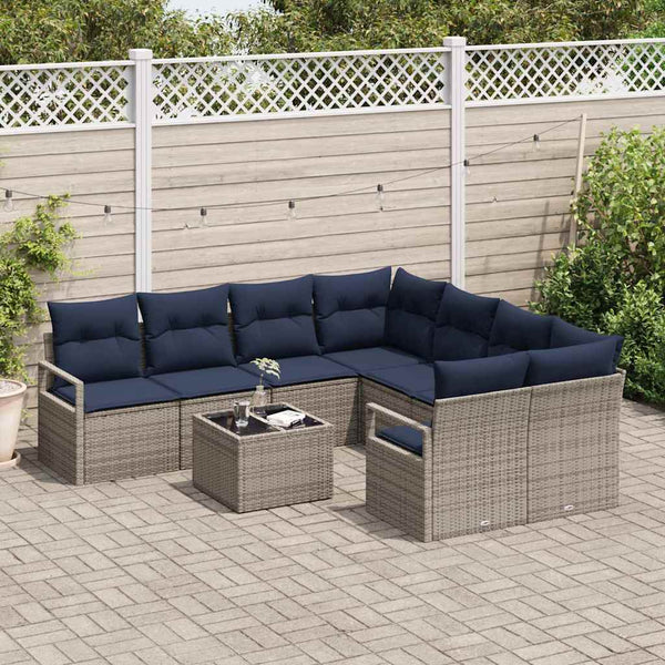 Poly Rattan Sofa Set Grau Marineblau 9-teilig