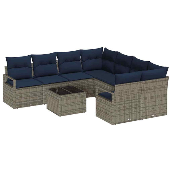 Poly Rattan Sofa Set Grau Marineblau 9-teilig