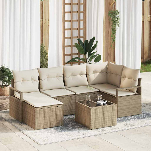 7-teiliges Sofa-Set Beige Poly-Rattan
