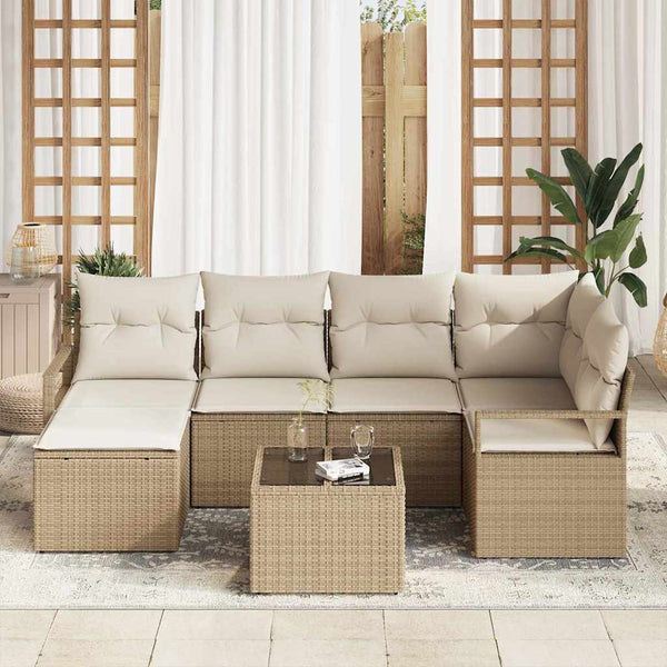 7-teiliges Sofa-Set Beige Poly-Rattan