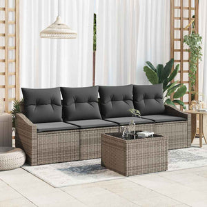 Graues Poly Rattan Sofa Set mit Kissen, 5-teilig
