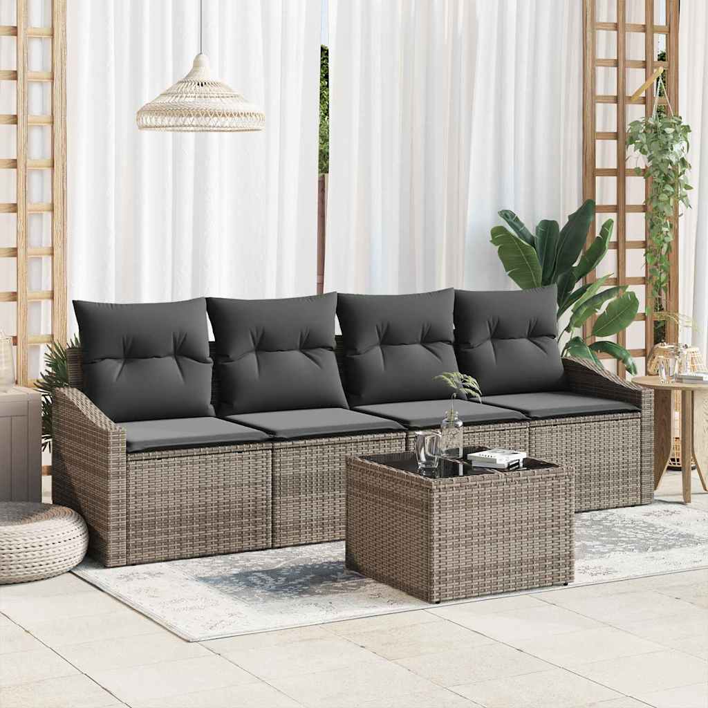 Graues Poly Rattan Sofa Set mit Kissen, 5-teilig