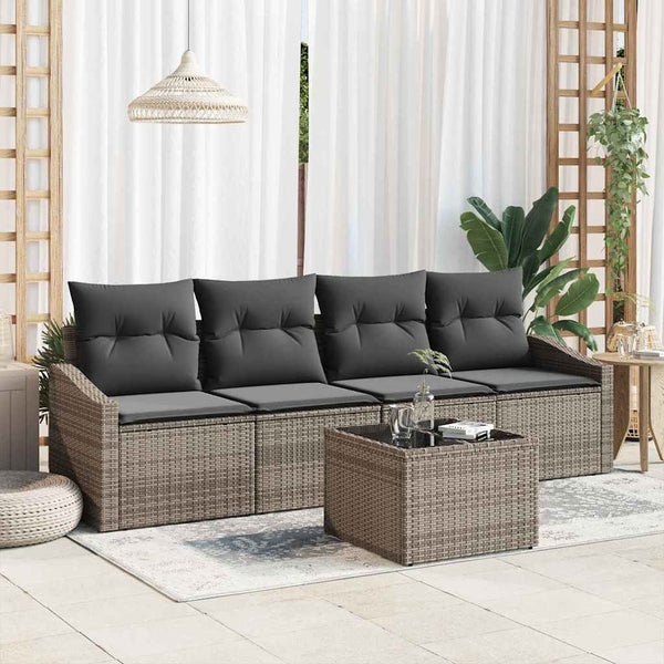 Graues Poly Rattan Sofa Set mit Kissen, 5-teilig