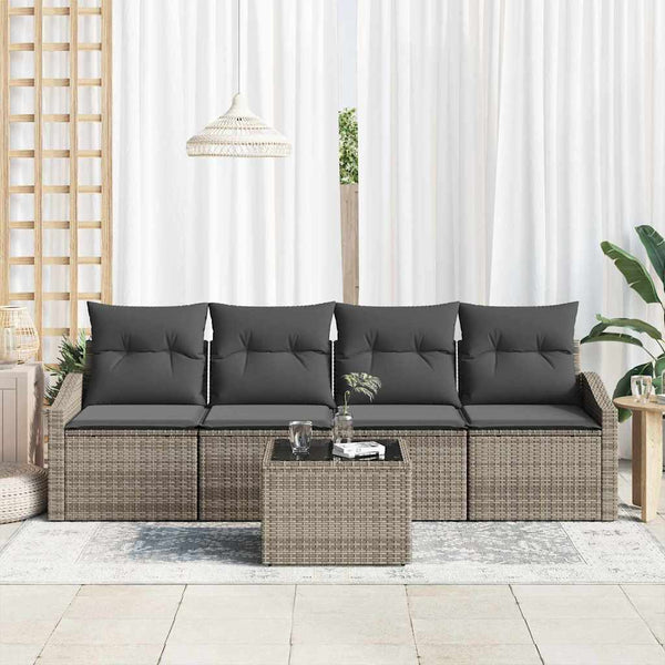Graues Poly Rattan Sofa Set mit Kissen, 5-teilig
