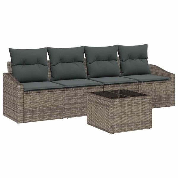 Graues Poly Rattan Sofa Set mit Kissen, 5-teilig