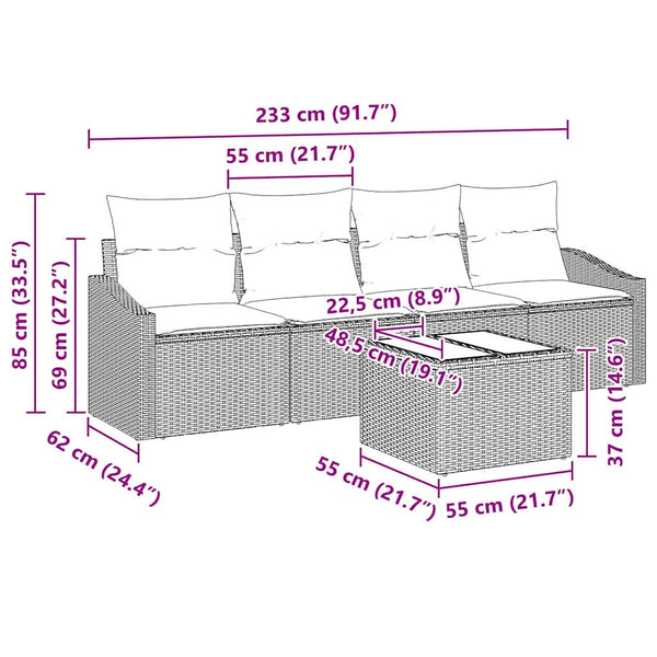 Graues Poly Rattan Sofa Set mit Kissen, 5-teilig