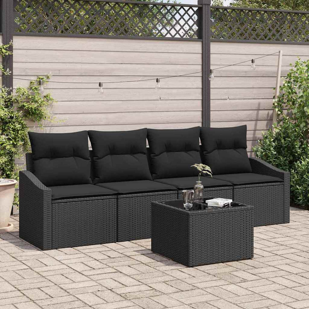 vidaXL Sofa Set with Cushions 5 pcs Black Poly Rattan