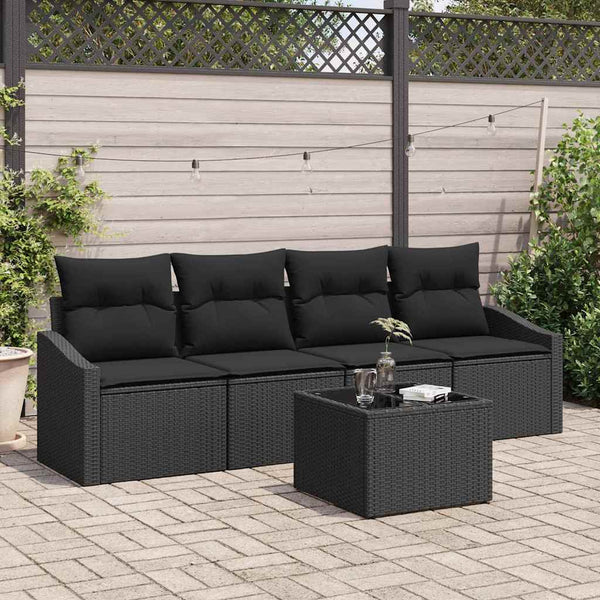 Schwarzes Poly Rattan Sofa Set mit Kissen, 5-teilig