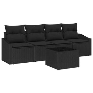 Schwarzes Poly Rattan Sofa Set mit Kissen, 5-teilig