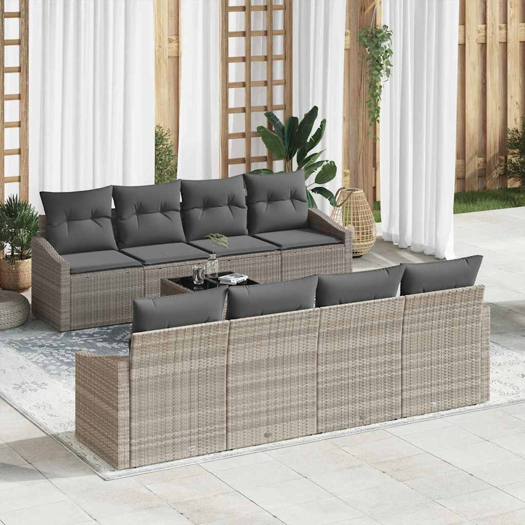 Hellgraues Poly Rattan Sofa Set mit Kissen, 9-teilig