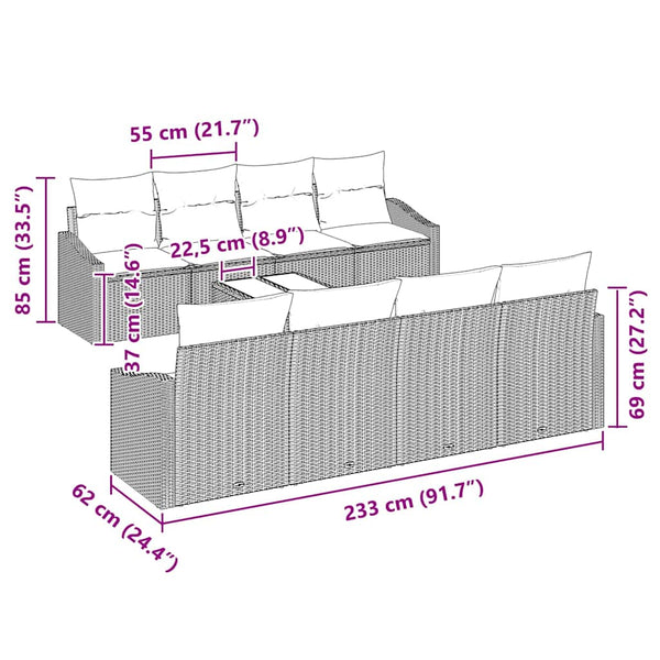 Hellgraues Poly Rattan Sofa Set mit Kissen, 9-teilig