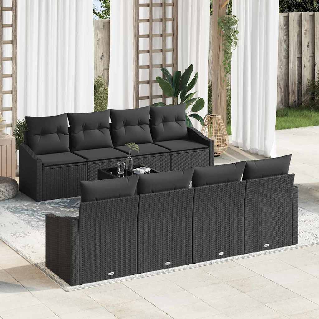 Schwarzes Poly Rattan Sofa Set mit Kissen, 9-teilig