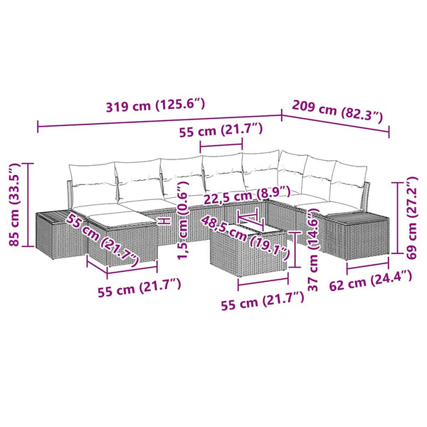 vidaXL Ensemble de canapés de jardin avec coussins 9 pcs Poly-rotin