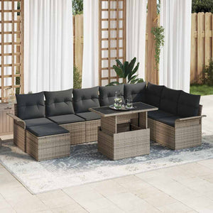 Graues Poly-Rattan Sofa Set mit Kissen, 9-teilig