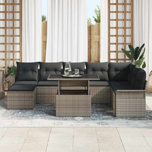 Graues Poly-Rattan Sofa Set mit Kissen, 9-teilig
