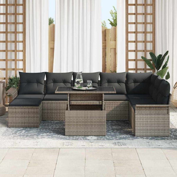 Graues Poly-Rattan Sofa Set mit Kissen, 9-teilig