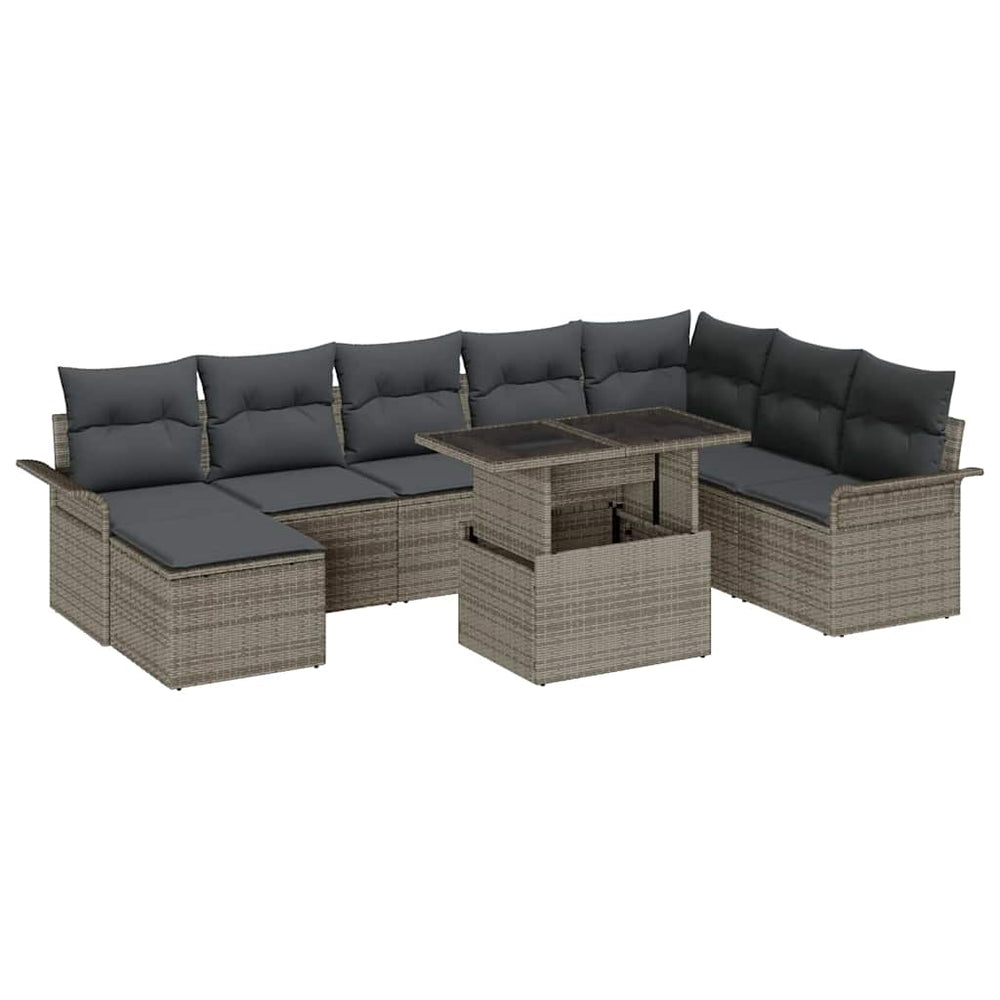 Graues Poly-Rattan Sofa Set mit Kissen, 9-teilig