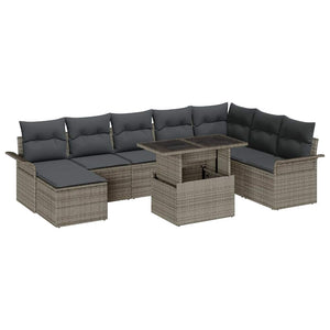 Graues Poly-Rattan Sofa Set mit Kissen, 9-teilig