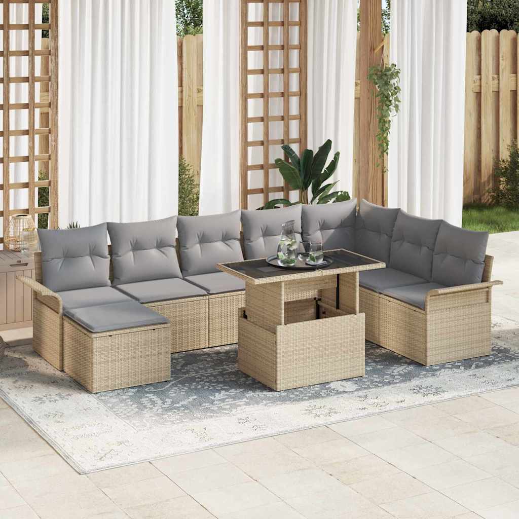 Poly-Rattan Sofa Set Beige mit Kissen 9-teilig