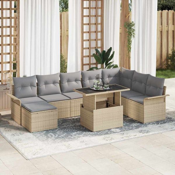 Poly-Rattan Sofa Set Beige mit Kissen 9-teilig