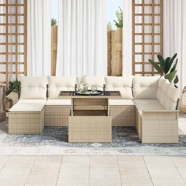 Poly-Rattan Sofa Set Beige mit Kissen 9-teilig