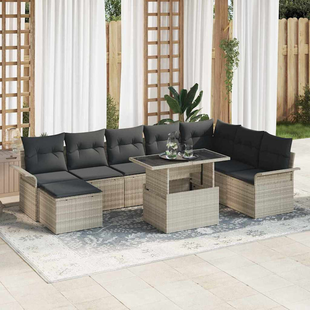 Poly-Rattan Sofa Set Hellgrau mit Kissen - 9-teilig