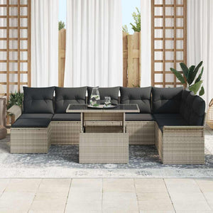 Poly-Rattan Sofa Set Hellgrau mit Kissen - 9-teilig