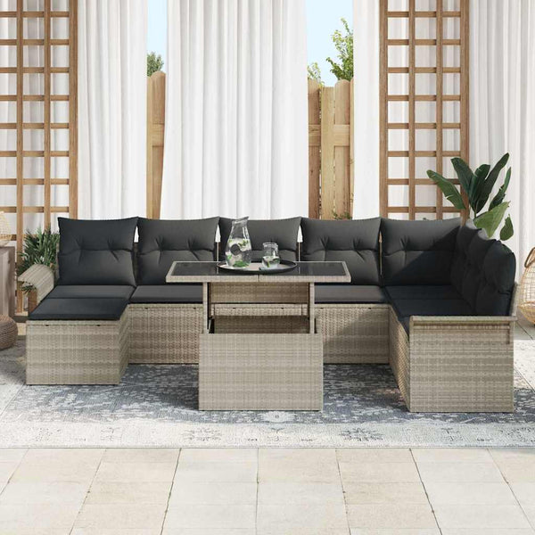 Poly-Rattan Sofa Set Hellgrau mit Kissen - 9-teilig
