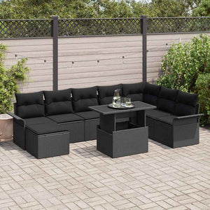Schwarzes Poly-Rattan Sofa Set mit Kissen, 9-teilig