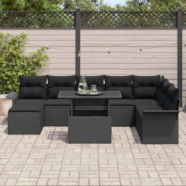 Schwarzes Poly-Rattan Sofa Set mit Kissen, 9-teilig