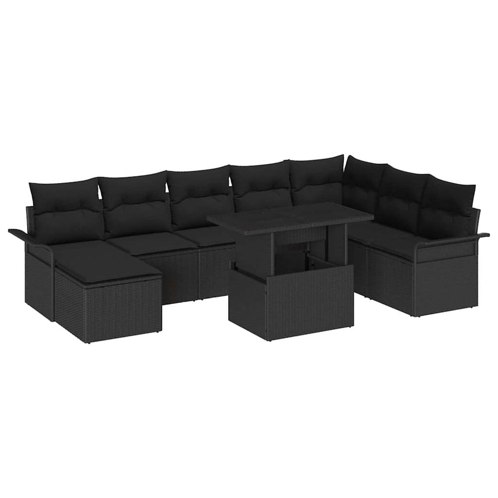 Schwarzes Poly-Rattan Sofa Set mit Kissen, 9-teilig