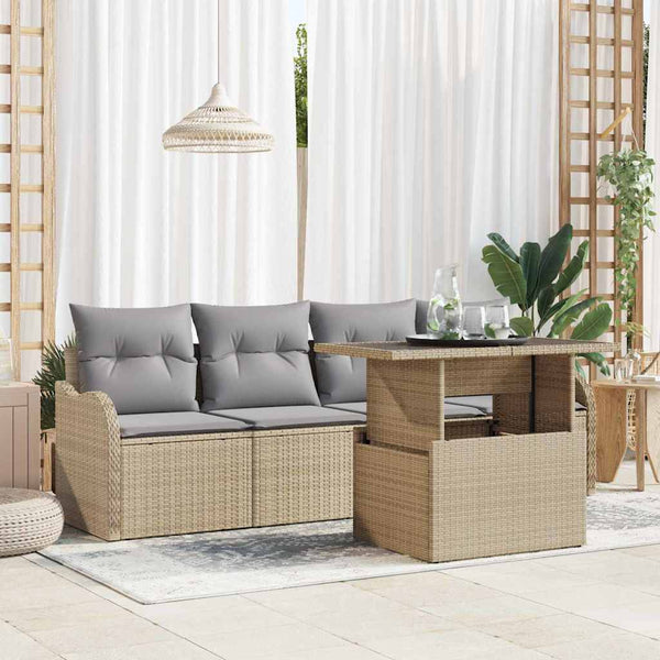 Poly-Rattan Sofa Set Beige mit Kissen, 5-teilig