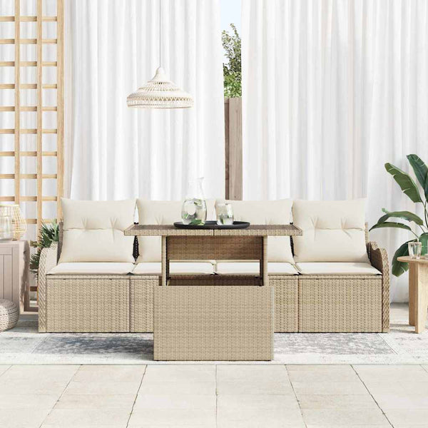 Poly-Rattan Sofa Set Beige mit Kissen, 5-teilig
