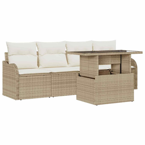 Poly-Rattan Sofa Set Beige mit Kissen, 5-teilig