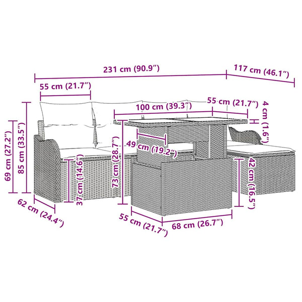 Outdoor Sitzgruppe Poly Rattan mit Kissen Schwarz 6-teilig